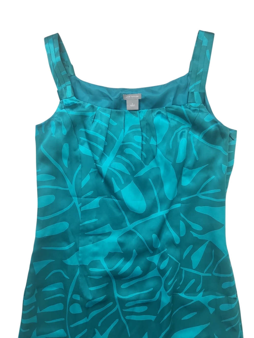 Ann Taylor Sleeveless Square Neckline Teal Green Silk Tropical Print Dress Size6 - Picture 4 of 13